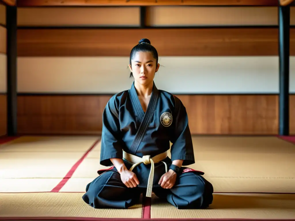 Un artista marcial concentrado y determinado en un dojo tradicional, destacando la disciplina y la intensidad del entrenamiento