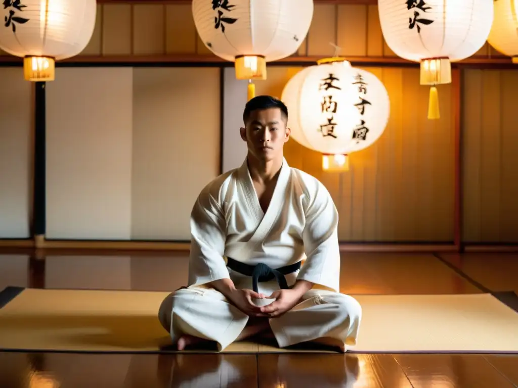 Un artista marcial concentrado medita en un dojo tradicional, rodeado de luz suave y papeleras