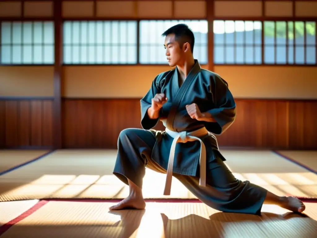 Un artista marcial concentrado en su dojo al atardecer, con definidos músculos y aroma a café