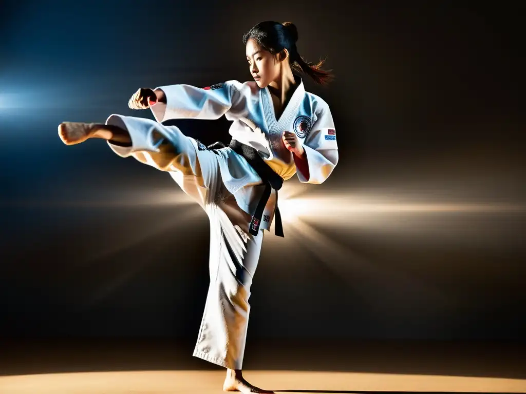 Intensidad y concentración en el Taekwondo: Enfoque total del atleta Un artista marcial concentrado en un intenso entrenamiento mental en Taekwondo, mostrando fuerza física y mental en un dojo sereno