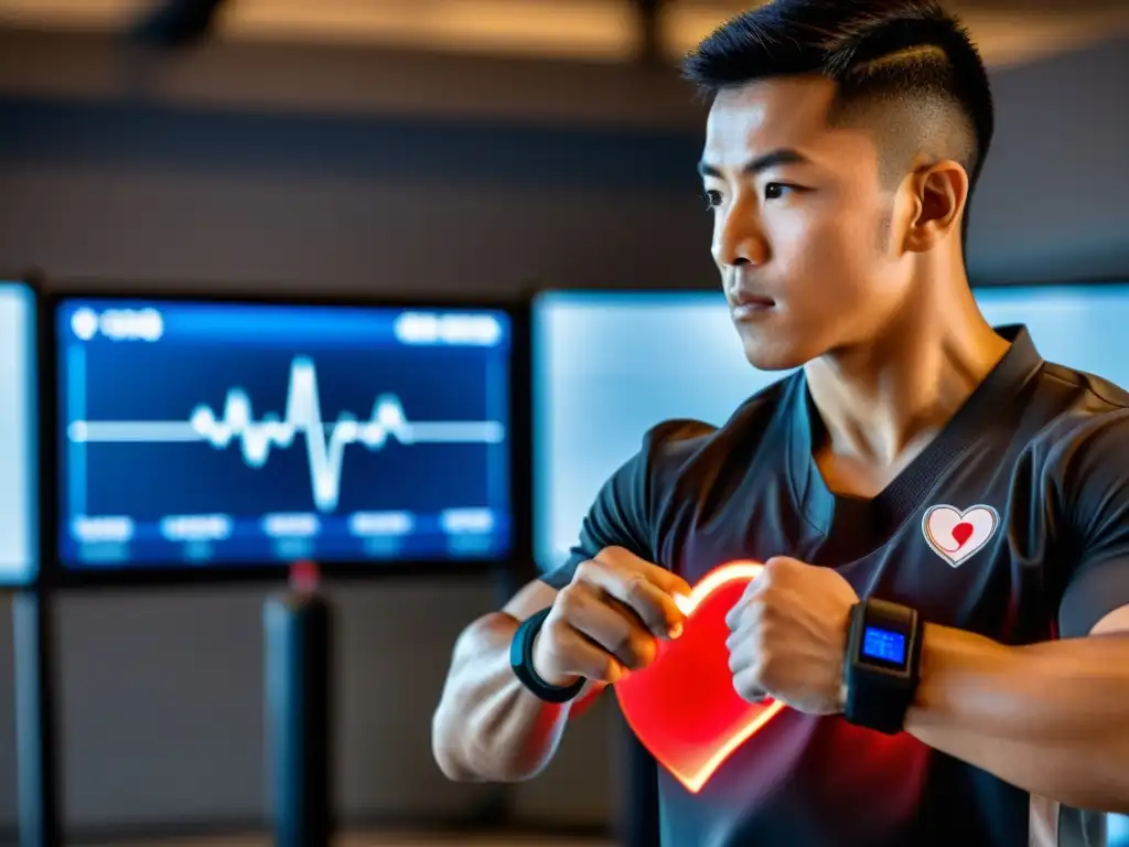 Un artista marcial concentrado, usando monitor de ritmo cardíaco, en un entorno de entrenamiento dinámico