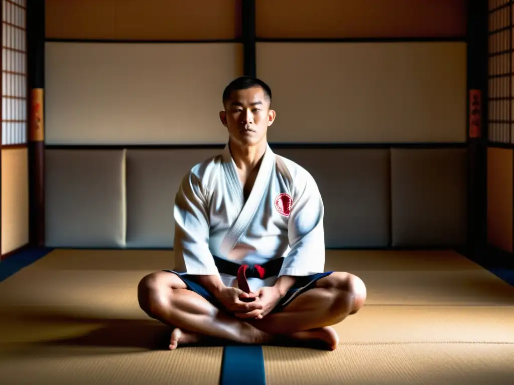 Un artista marcial concentrado en la preparación mental para competencias, en un dojo sereno japonés