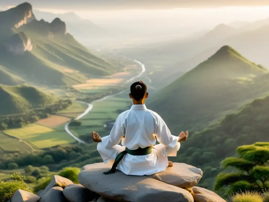 Un artista marcial en meditación, conectado con la naturaleza al amanecer