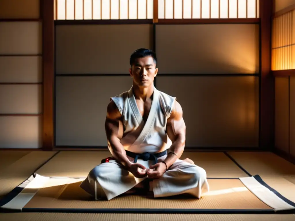 Un artista marcial aplica crema para la recuperación muscular en un dojo con armas tradicionales japonesas