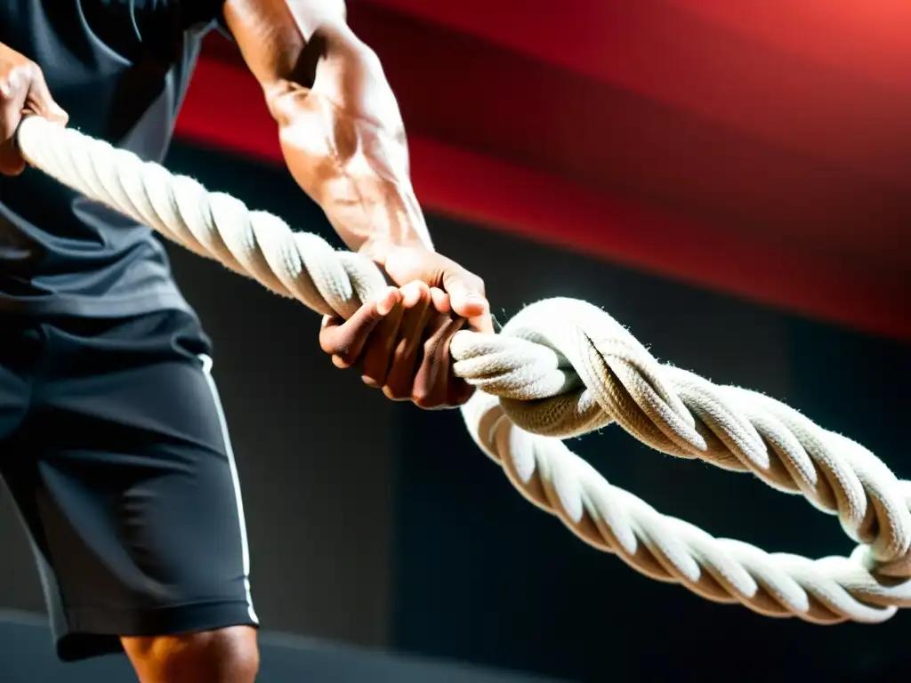 Un artista marcial entrena con determinación, agarrando una cuerda de batalla en un gimnasio