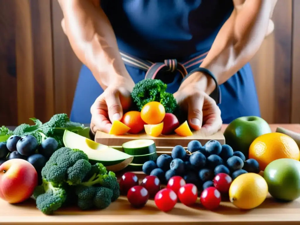 Un artista marcial prepara con cuidado una comida balanceada, evitando errores comunes en la dieta de artes marciales