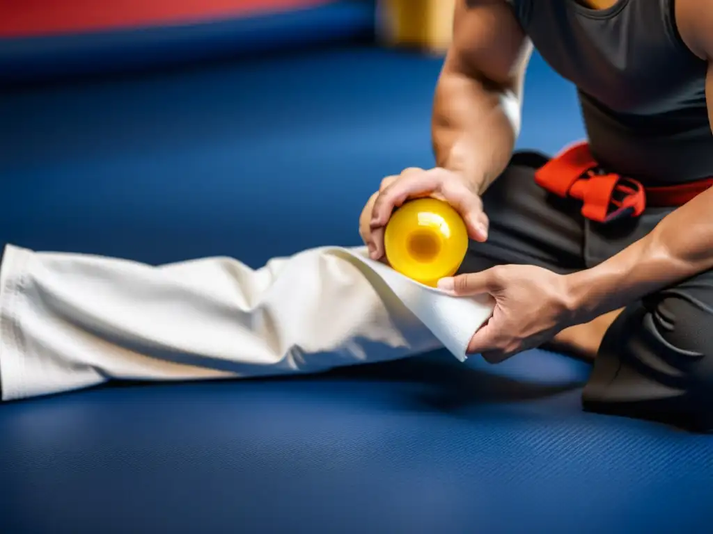 Un artista marcial inspecciona con cuidado su coquilla protectora, destacando la importancia de su mantenimiento en las artes marciales