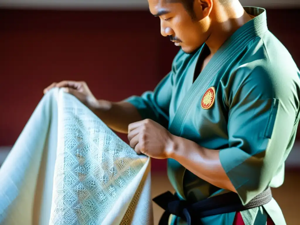 Un artista marcial examina con cuidado su gi en un dojo iluminado, mostrando la calidad de la ropa de entrenamiento para artes marciales