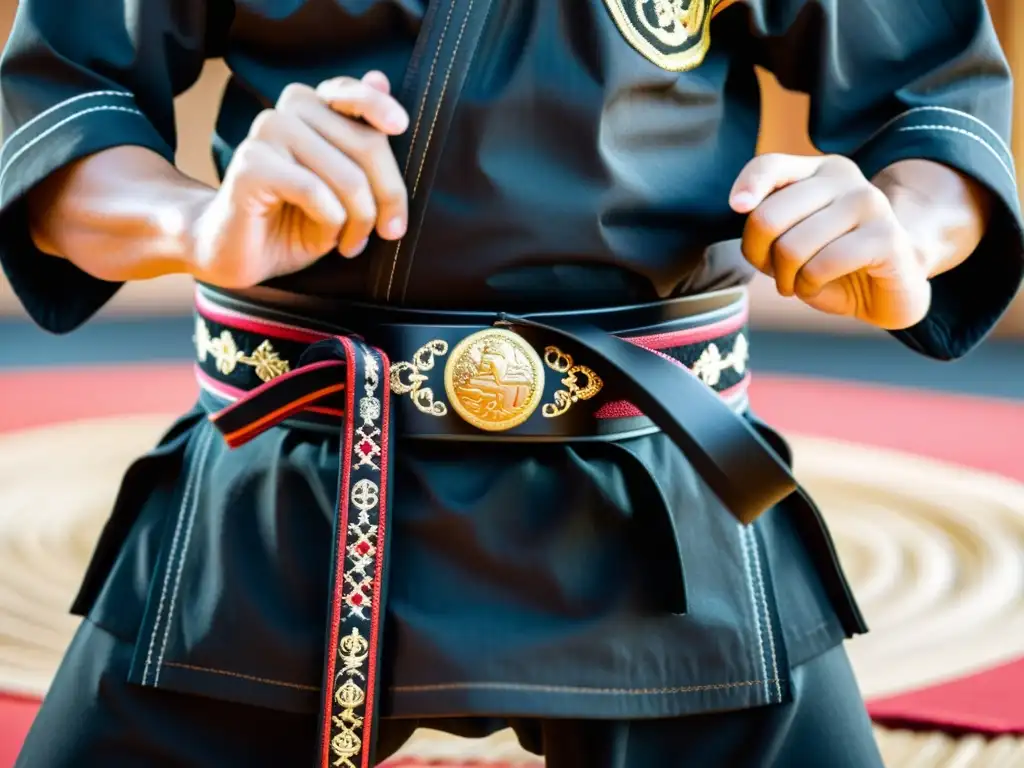 Un artista marcial ata con dedicación un cinturón negro bordado, simbolizando el significado de los cinturones en las artes marciales