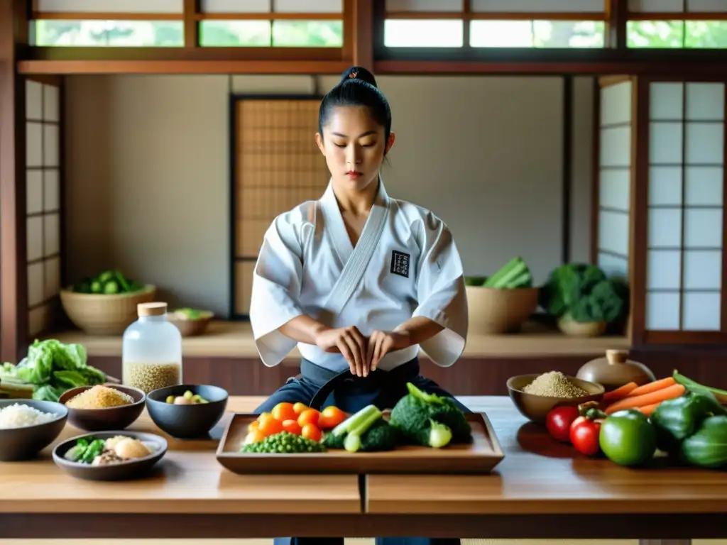 Un artista marcial prepara una dieta balanceada en un dojo tradicional, reflejando disciplina y determinación