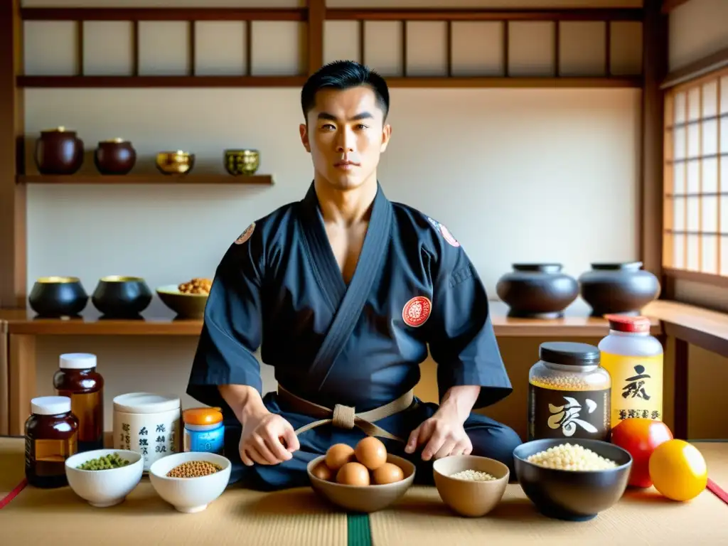 Un artista marcial estudia dietas internacionales en un dojo tradicional con alimentos y suplementos variados