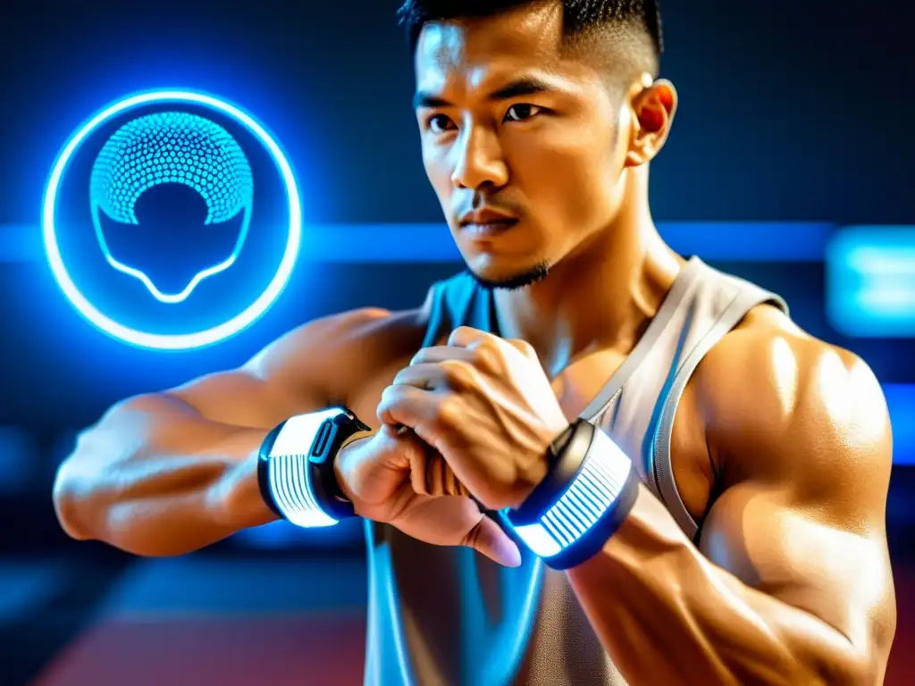 Un artista marcial usando un dispositivo wearable futurista en un dojo moderno