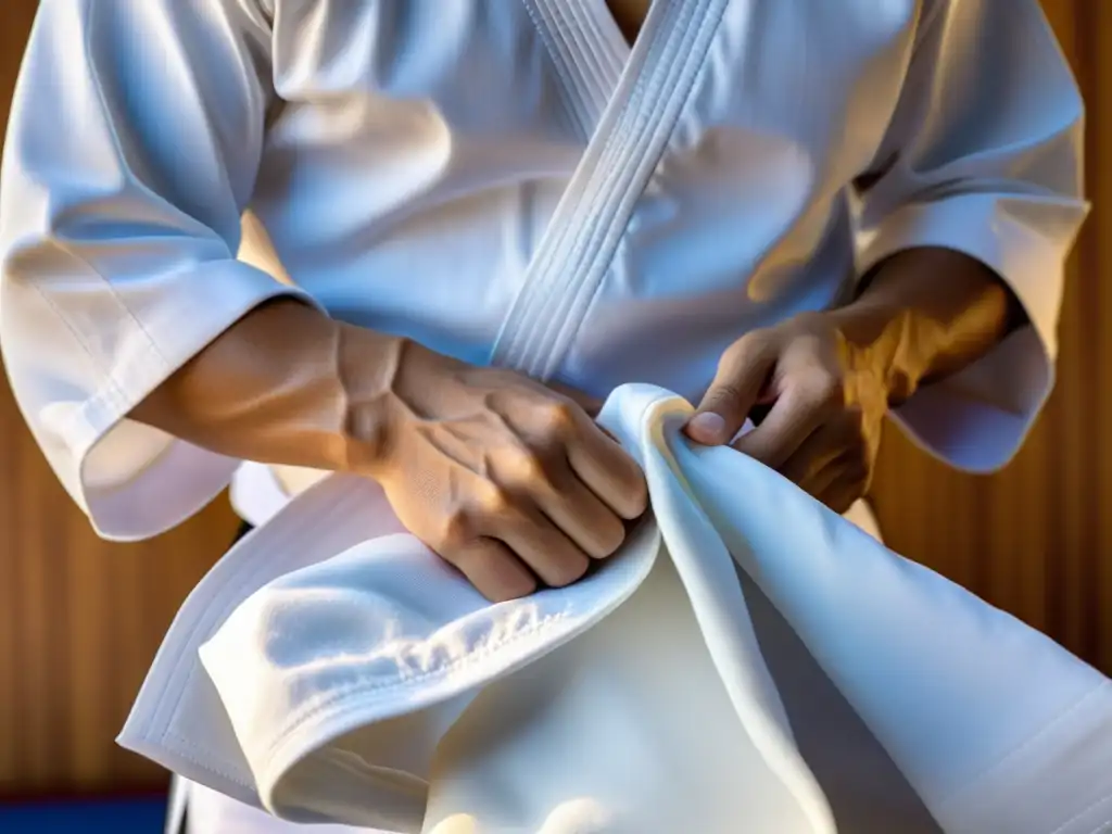 Un artista marcial cuidadosamente dobla un dobok de Taekwondo blanco, mostrando atención y precisión