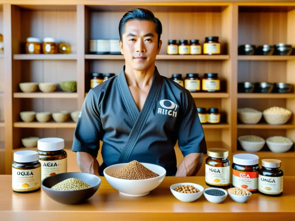 'Un artista marcial en un dojo con alimentos ricos en Omega3, resaltando los beneficios para su entrenamiento en artes marciales'