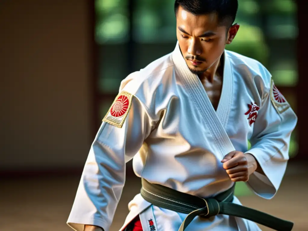 Un artista marcial vistiendo gi en un dojo, mostrando fuerza y destreza