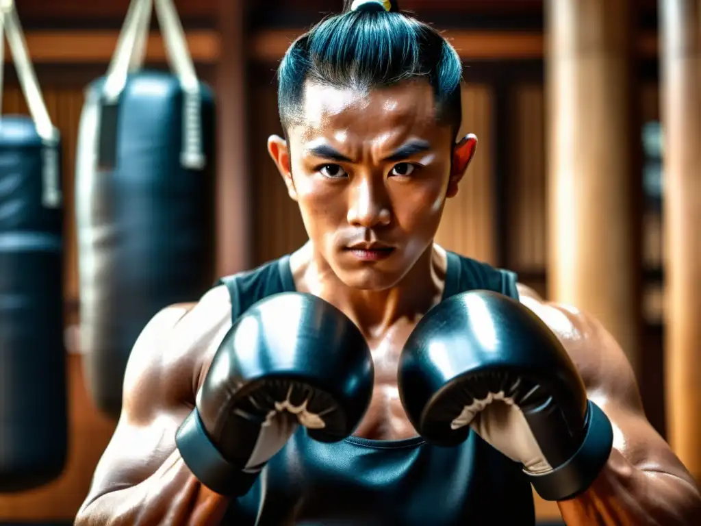 Un artista marcial entrenando intensamente en un dojo, con gotas de sudor brillando en su frente, destacando la resistencia mental en artes marciales