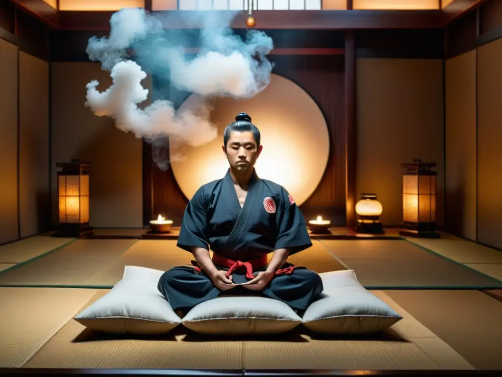 Un artista marcial en un dojo iluminado, meditando en un lujoso cojín ergonómico rodeado de humo de incienso