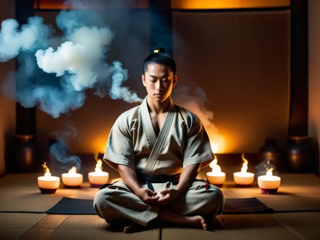 Un artista marcial medita en un dojo iluminado por velas, rodeado de humo de incienso