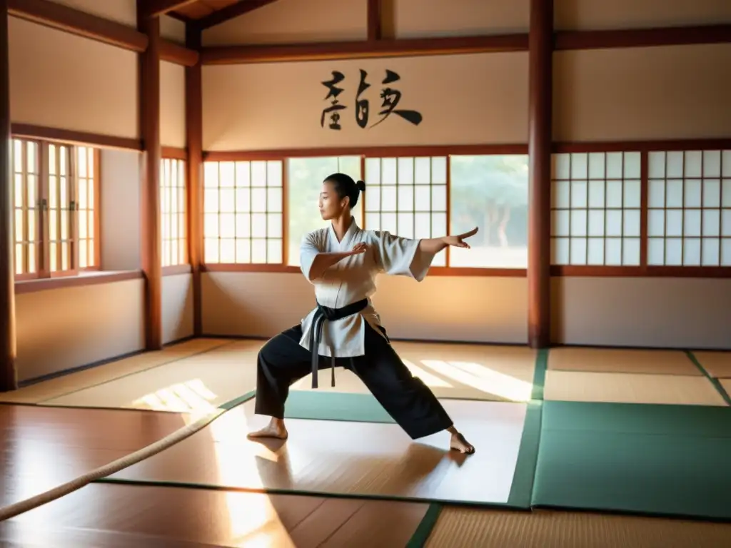 Un artista marcial practica tai chi en un dojo sereno, transmitiendo calma y fuerza