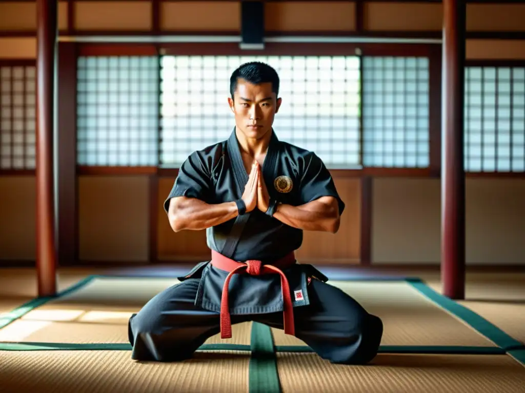 Un artista marcial se entrena con determinación en un dojo sereno, rodeado de armas y equipo tradicional