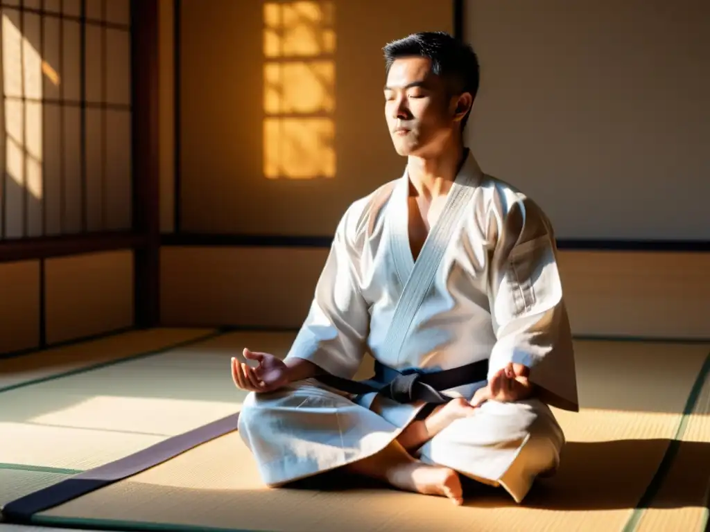 Un artista marcial medita en un dojo sereno, con luz solar filtrándose