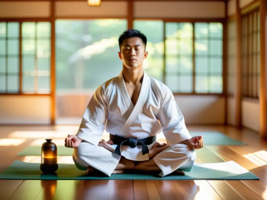 Un artista marcial en un dojo sereno, en su gi blanco tradicional, concentrado con ojos cerrados