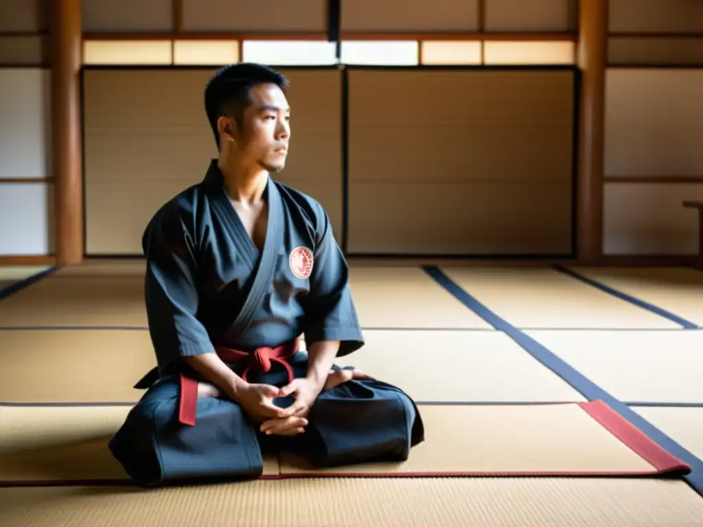 Un artista marcial se sienta en un dojo soleado, con un maestro y estudiantes practicando en el fondo