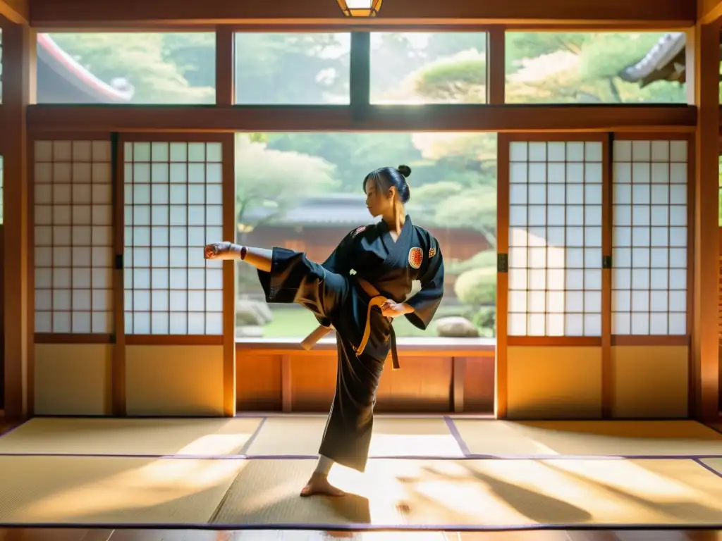 Un artista marcial en un dojo soleado, rodeado de vegetación vibrante y arquitectura japonesa tradicional