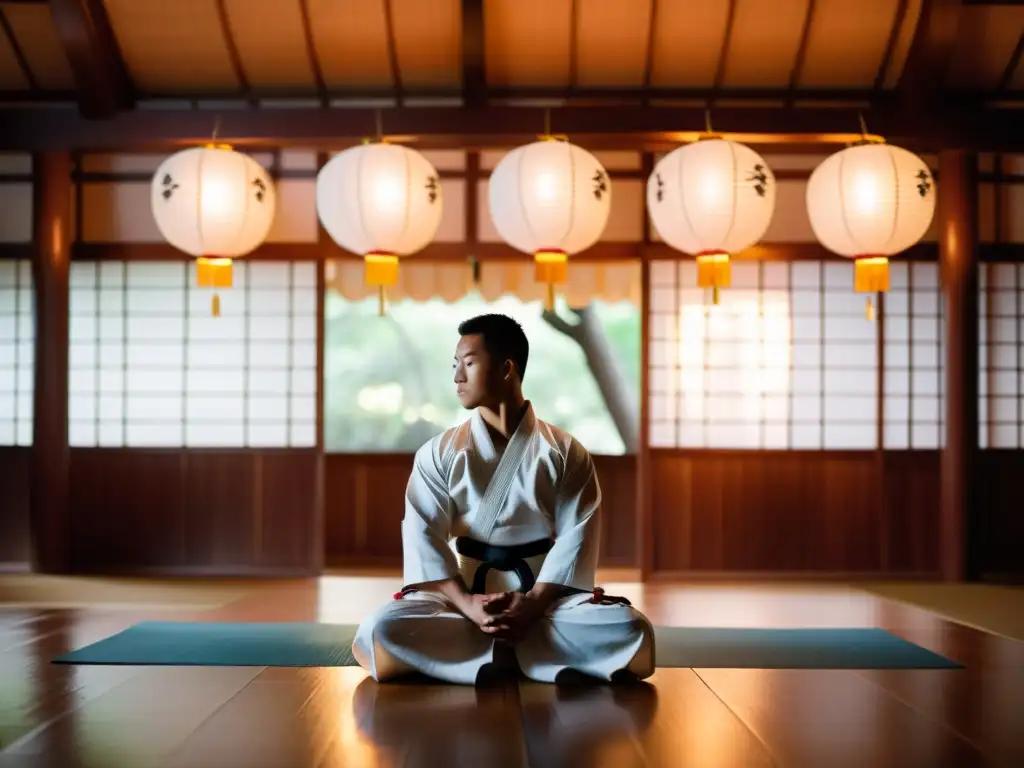 Un artista marcial se encuentra en un dojo tenue, irradiando calma concentrada