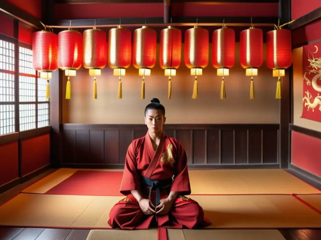 Un artista marcial se concentra en un dojo tradicional, rodeado de vibrantes tapices rojos y dorados