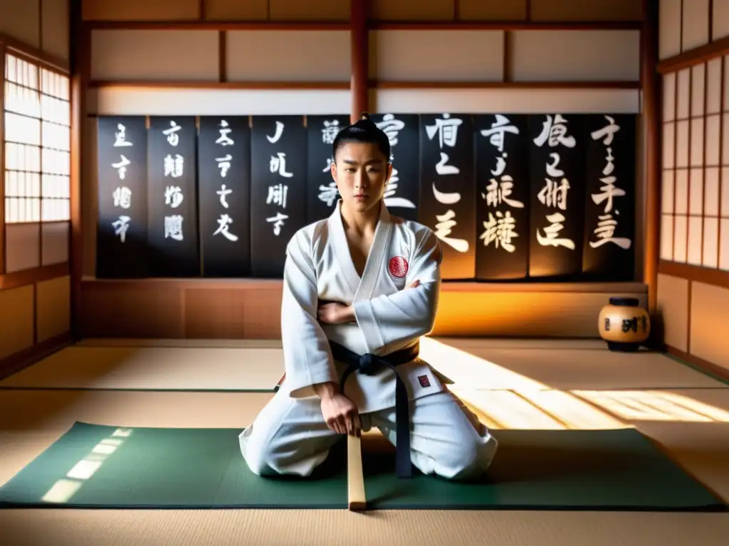 Un artista marcial se concentra en un dojo tradicional, rodeado de maniquíes de madera y caligrafía japonesa