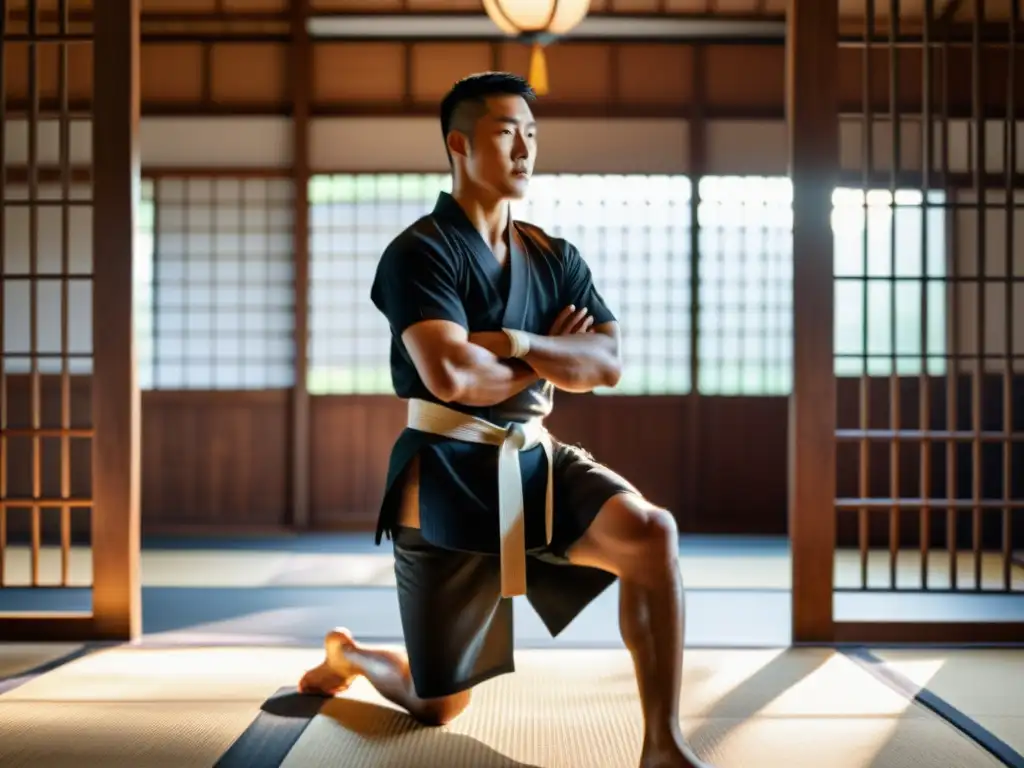 Un artista marcial en un dojo tradicional, mostrando disciplina y fuerza con uso de ortopedia para artes marciales