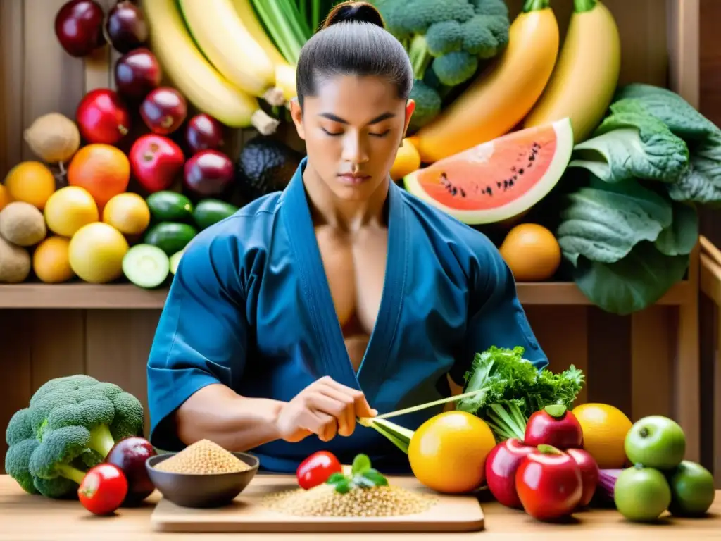 Un artista marcial en un dojo tradicional, planificando cuidadosamente su dieta alta en carbohidratos