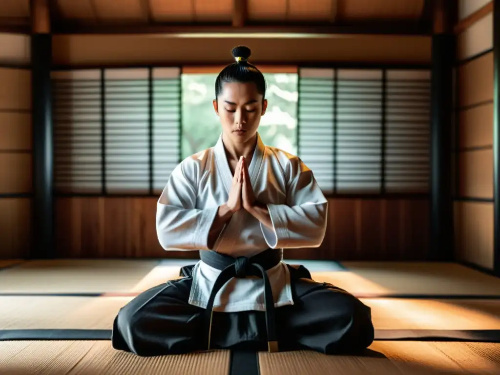 Un artista marcial meditando en un dojo tradicional, rodeado de prácticas intensas