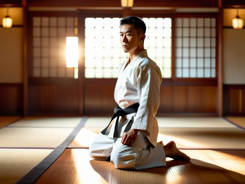 Un artista marcial en un dojo tradicional practica con precisión, rodeado de armas antiguas y una atmósfera serena