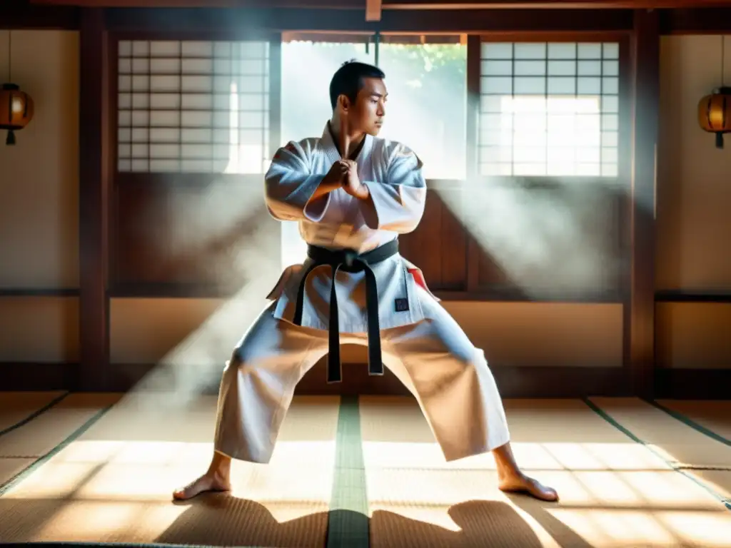 Un artista marcial en un dojo tradicional, vistiendo un gi blanco, ejecuta una patada precisa bajo un rayo de luz