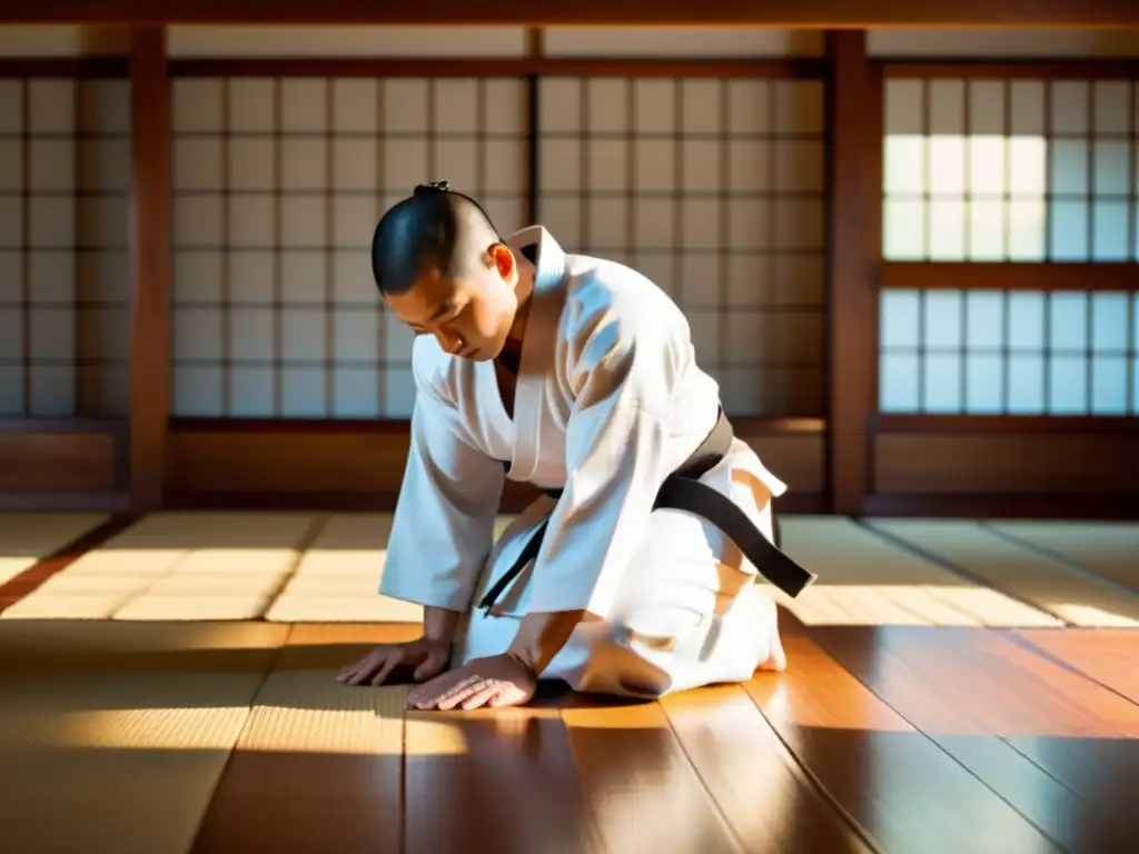 Un artista marcial en un dojo tradicional, con luz cálida filtrándose por las ventanas