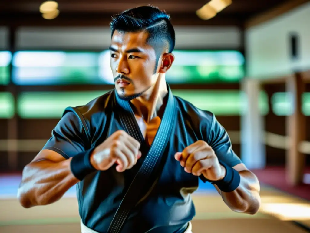 Un artista marcial muestra determinación y precisión al entrenar en un dojo tradicional, con un dispositivo wearable