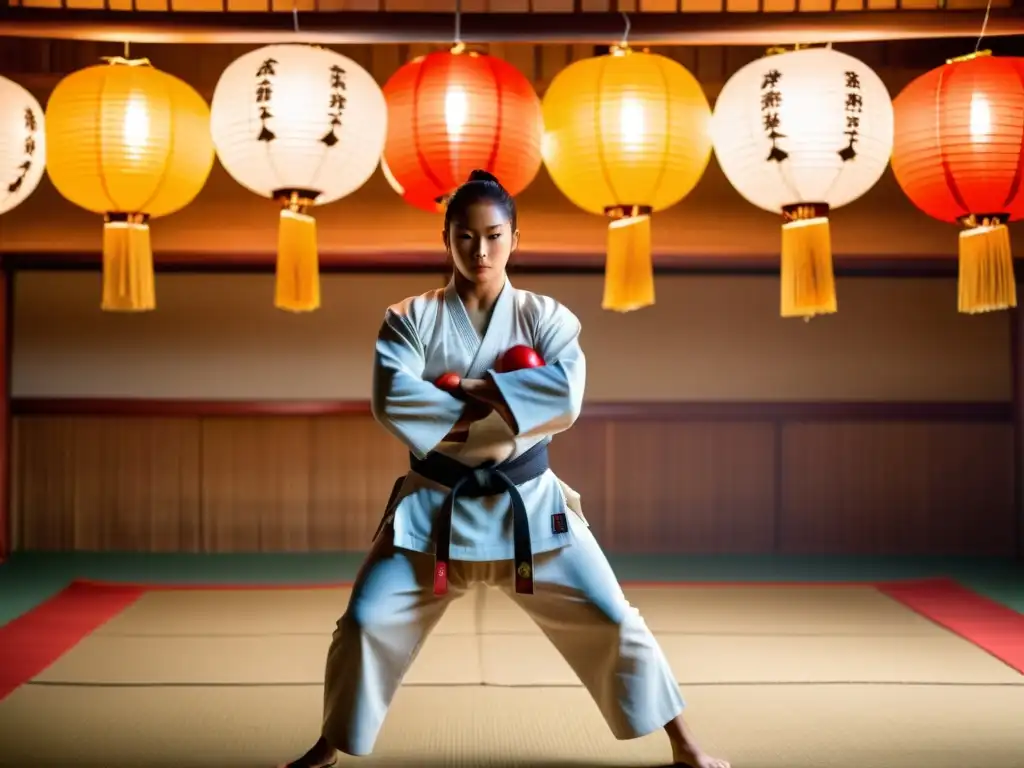 Un artista marcial en un dojo tradicional, canalizando la Conexión MenteCuerpo Artes Marciales, listo para el desafío