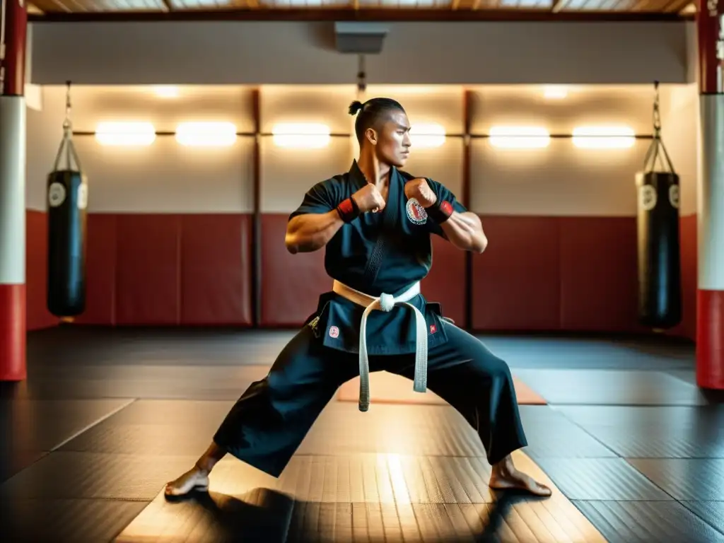 Un artista marcial ejecuta ejercicios intensos en un dojo, enfocando en el fortalecimiento muscular para evitar lesiones