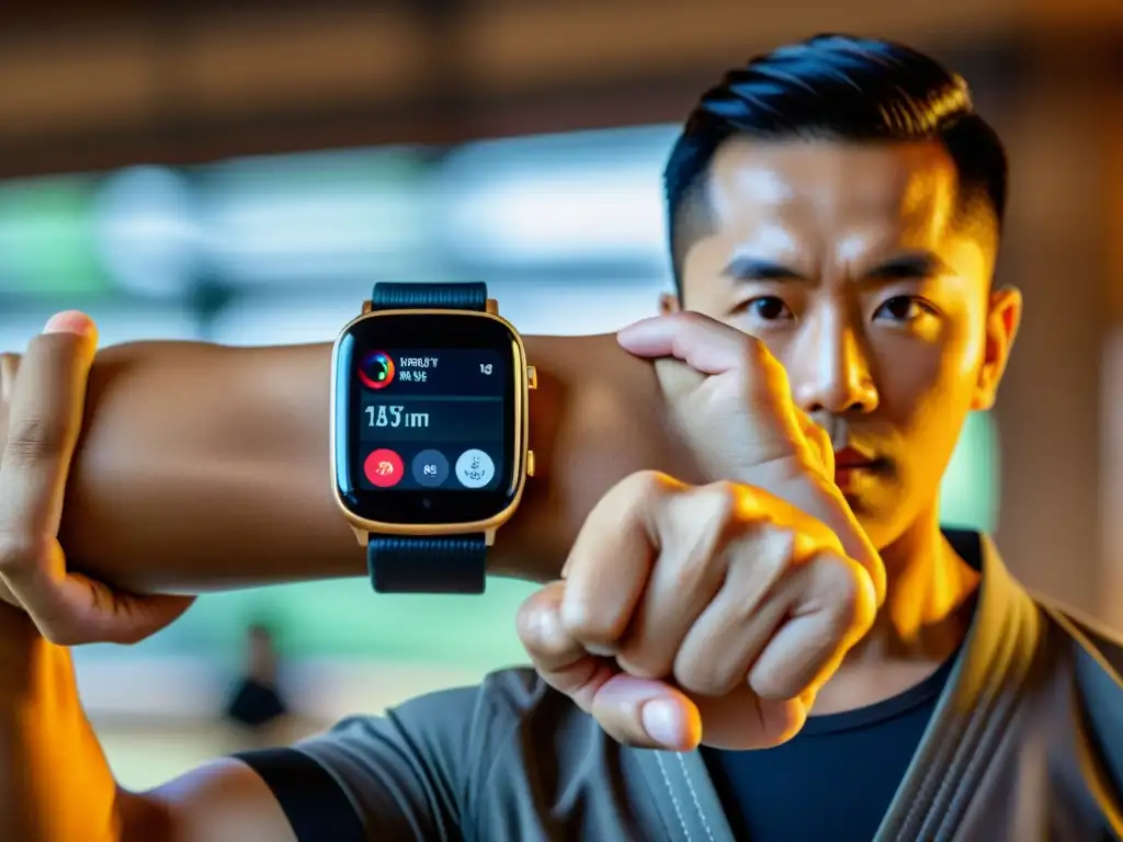 Un artista marcial usa con elegancia un smartwatch en el dojo, fusionando tecnología y tradición en el entrenamiento marcial