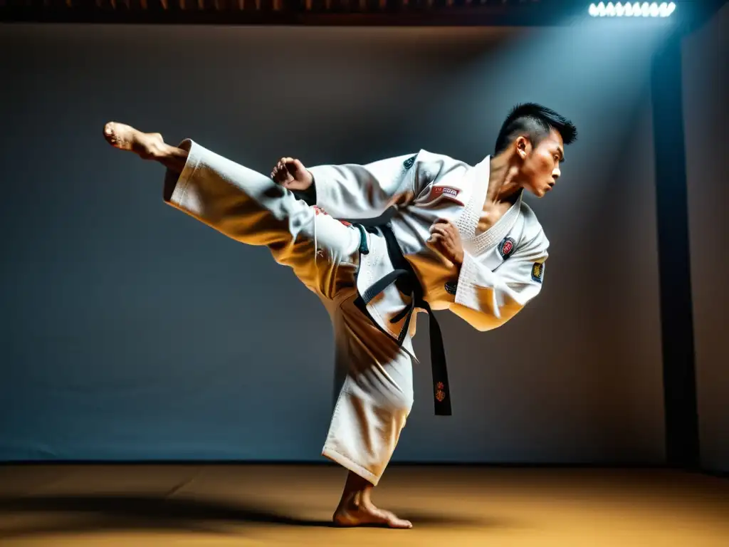 Un artista marcial en acción, mostrando concentración e energía en un dojo tradicional