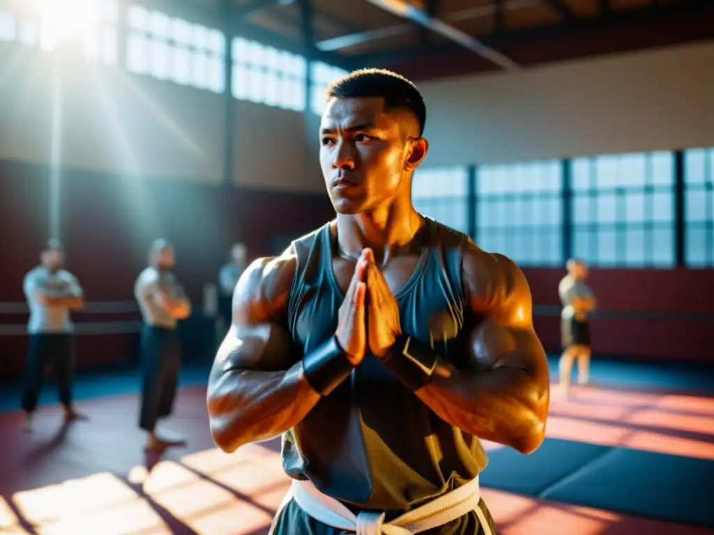 Un artista marcial enfocado y determinado entrena en un gimnasio soleado, transmitiendo pasión y disciplina en su preparación eventos artes marciales