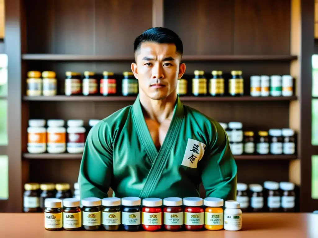 Un artista marcial enfocado en su dojo, rodeado de suplementos multivitamínicos, resalta la importancia de la nutrición en las artes marciales