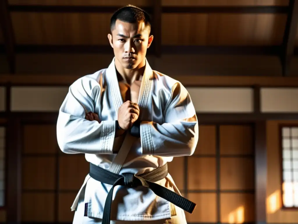 Un artista marcial enfocado en un dojo tradicional, con expresión determinada y gi blanco, en postura de combate equilibrada