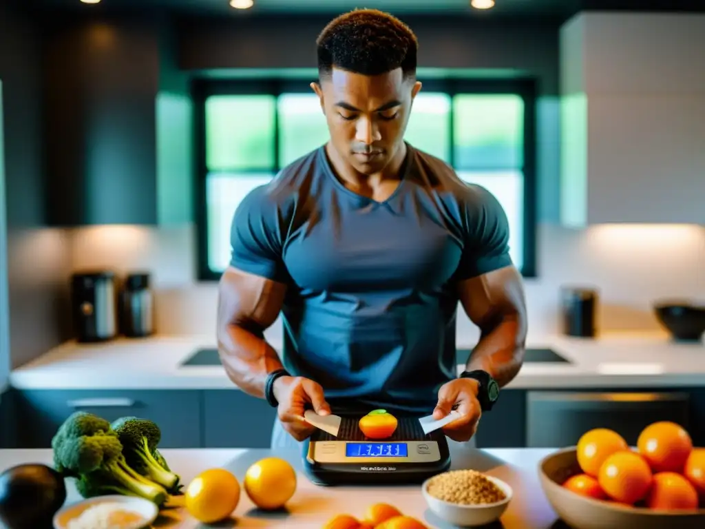 Un artista marcial enfocado mide ingredientes en una cocina cetoamigable, mostrando determinación y disciplina