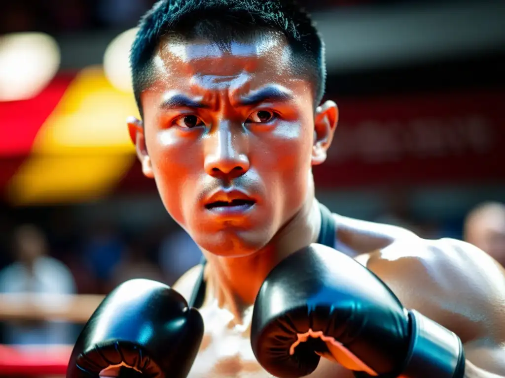 Mirada determinada: lucha intensa en evento de artes marciales Un artista marcial enfocado, con determinación y mentalidad ganadora en artes marciales, listo para la competición