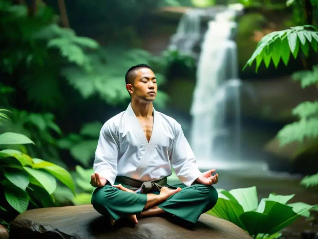 Un artista marcial medita en un entorno natural, rodeado de exuberante vegetación y una cascada tranquila al fondo