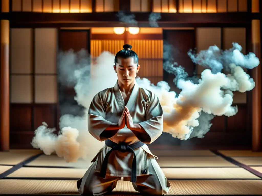 Un artista marcial se concentra en su entrenamiento en un dojo tradicional, rodeado de humo de incienso