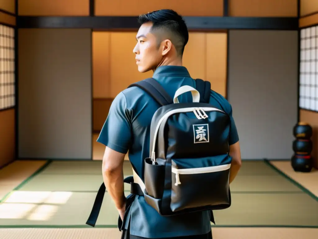 Un artista marcial se prepara para el entrenamiento en un dojo tranquilo, con su mochila de artes marciales equipada cómodamente